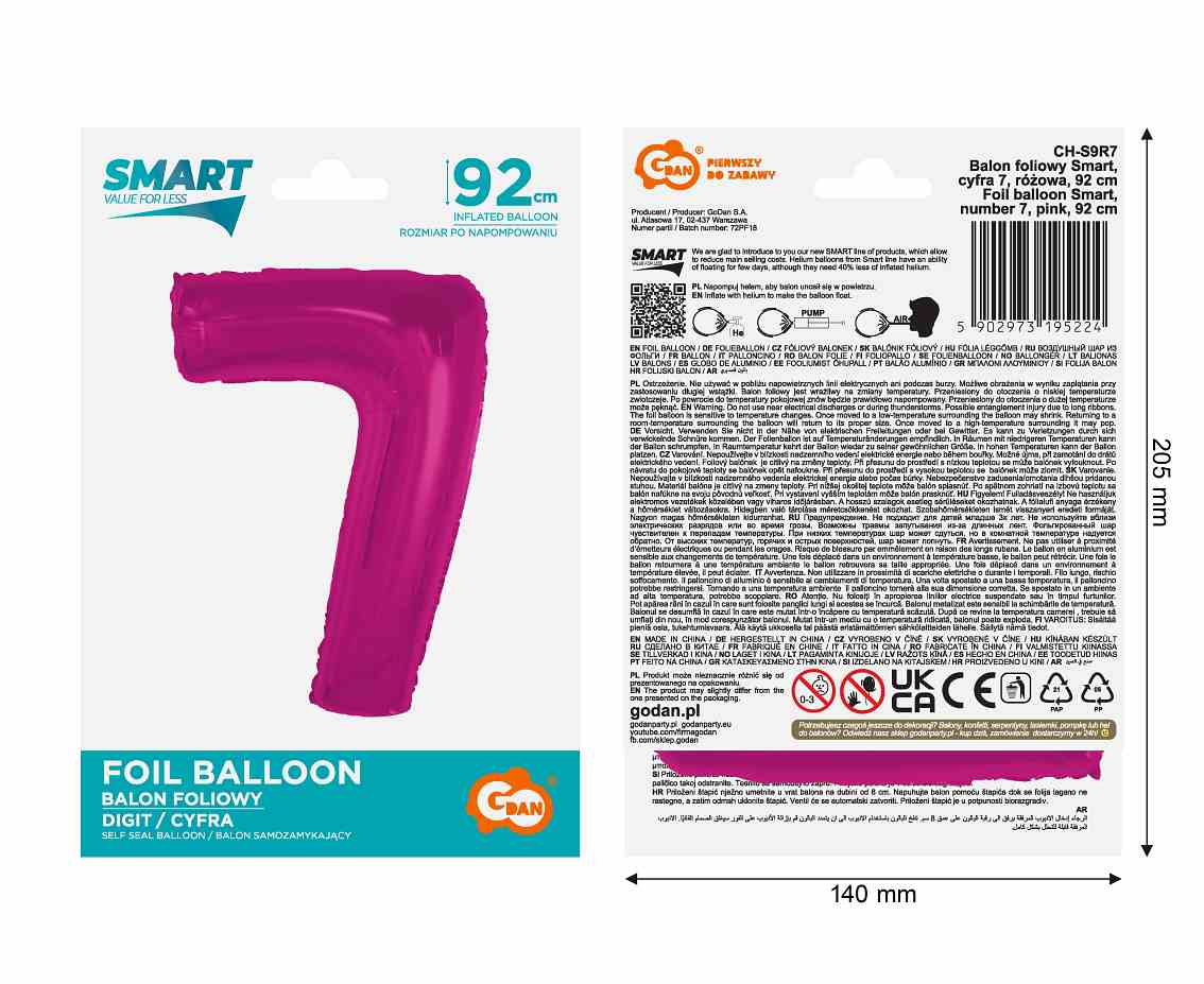 Balon foliowy Smart cyfra 7 różowa 92cm CH-S9R7 GoDan